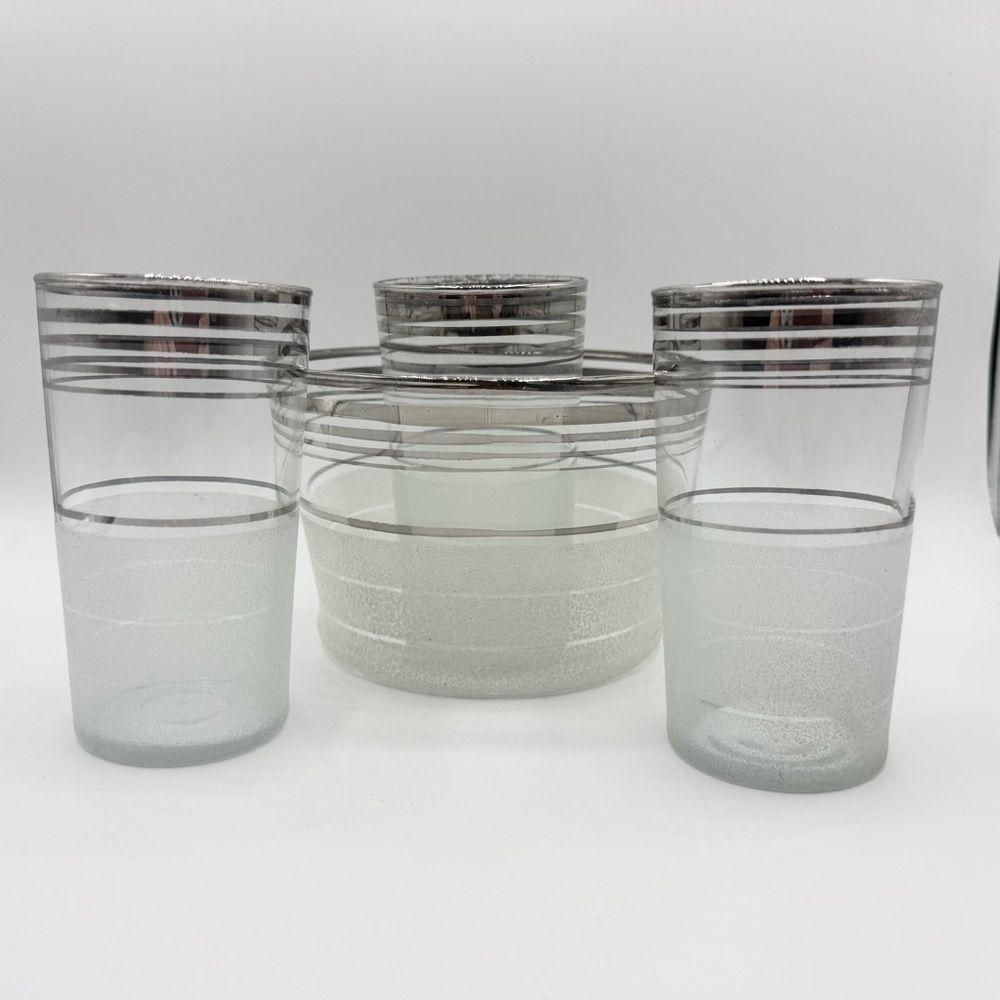 Vintage Macbeth Evans Frosted Glass Platinum Ice Bucket and 3 Glasses Set